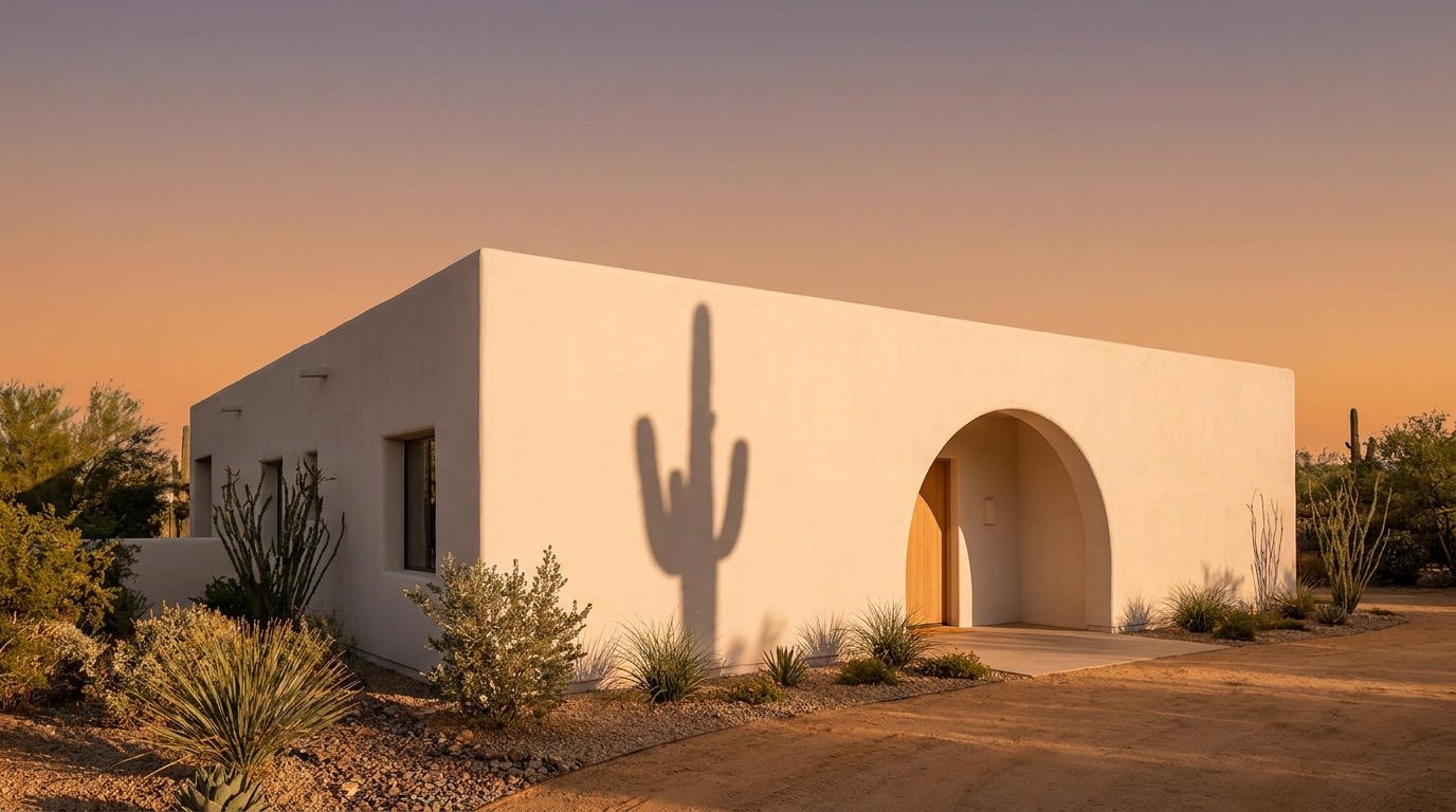 Desert modern home exterior with an arched entryway, Scottsdale, Arizona