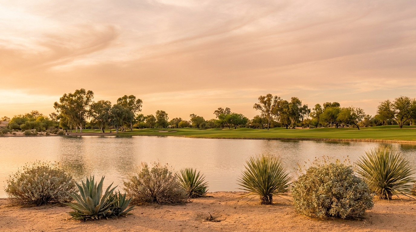 McCormick Ranch community lake and fairway at golden hour, Scottsdale, Arizona